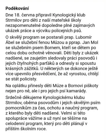 Poděkování mateřské školy klubu za ukázku výcviku (sken dopisu)