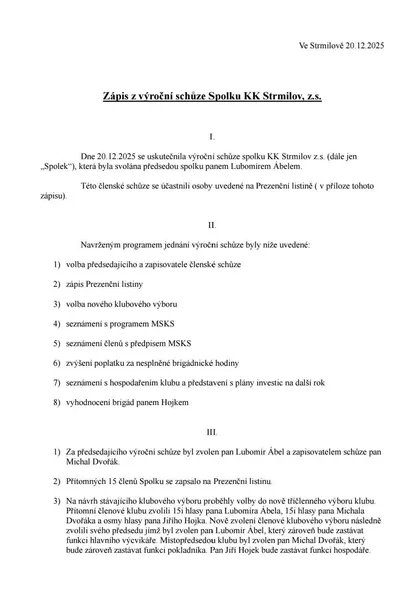 Zápis výroční schůze 2025, strana 1 (sken)